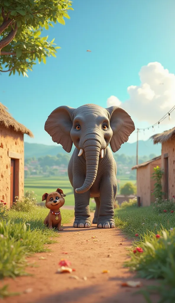 A 3D realistic Indian village scene with a large friendly elephant and a small cute dog sitting near a tree, with clay huts, farming fields, and distant hills under a sunny blue sky.
