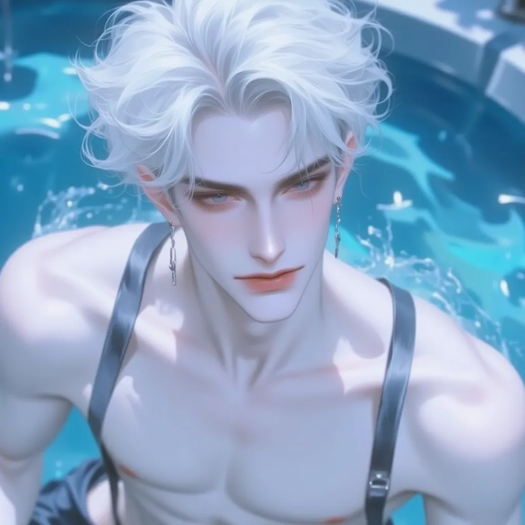  . A 32-year-old man with a blue and gentle tone，. The sides of the face turned slightly  ，Short white hair，Light blue eyes， The background is the pool. ，   feathers. Long eyes add a little surprise,   。 His short hair is white ，, handsome facial features ...