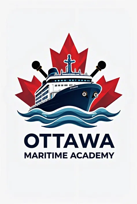 Make me a maritime academy logo. Name of the maritime academy is Ottawa Maritime Academy. Put a maple leaf symbol, an anchor, and a ship’s steering wheel for my logo, and a bulk carrier ship.