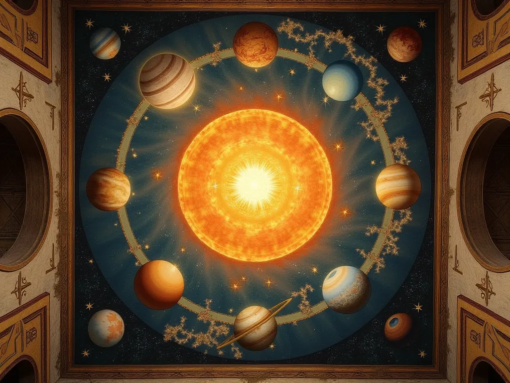 Ceiling painting with sun in the center and solar system realistic medieval style  