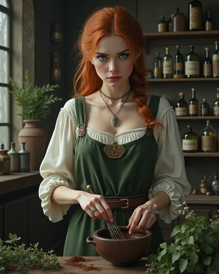 No makeup, redhead woman, Thirty years, yeux verts, Hard face,  severe look, green dress with a stained apron, robe ancienne XVIe siècle, Apothecary