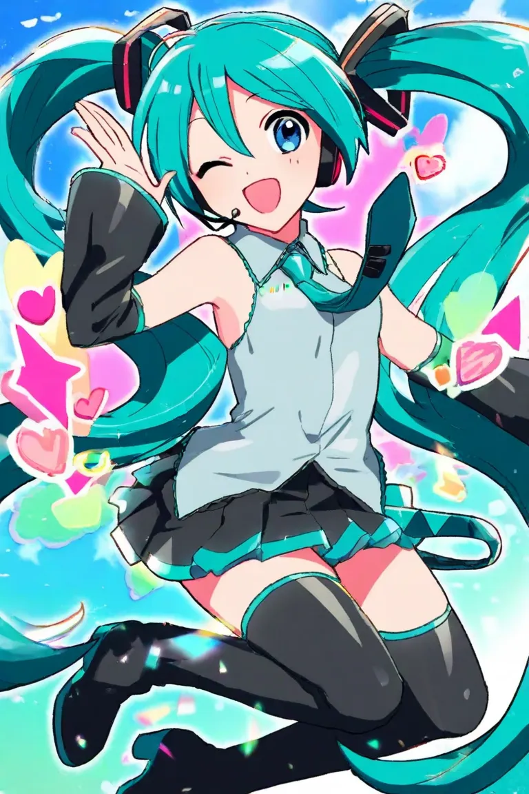 1 girl,Hatsune Miku,Blue Eyes,wink,blue-green long twin tails, vocaloid ,miniskirt,sleeveless,tie,headphones,black long boots,black arm covers,pretty girl,cute,smile,blue sky