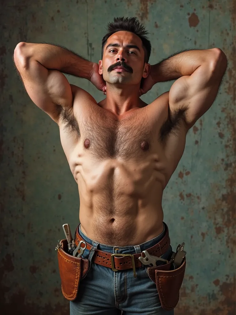 naked plumber with tool belt, hands behind the back of the neck, rubio, NAKED, hunk, handsome, hairy chest, bulge, huge bulge,  suggestive, gay, very handsome, with mustache, real scene, realistic, oily, hairy pits