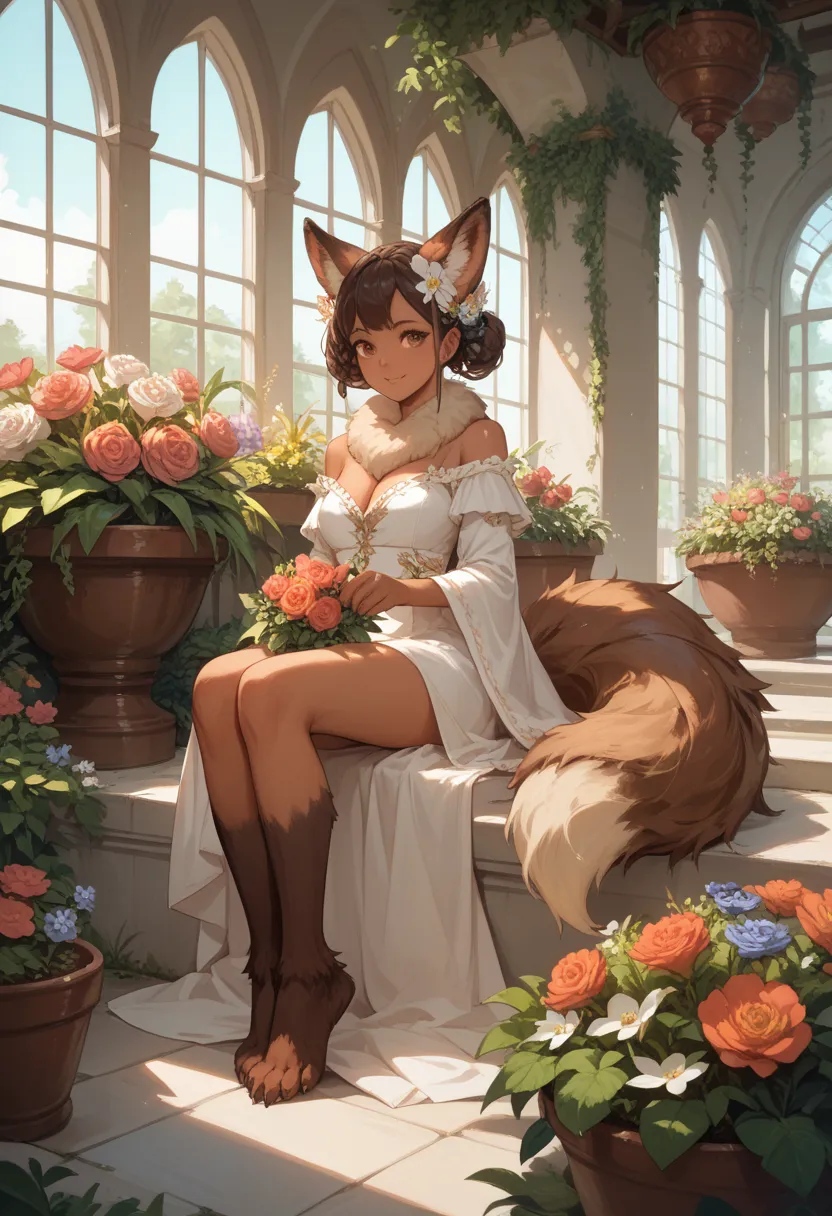 fox, (monster girl), long brown ears with darker brown inside, brown fur, tan neck fluff, brown fluffy tail with a tan tip, large brown eyes, wearing modest clothing, red thongs, sitting in a flower garden, masterpiece, best quality
