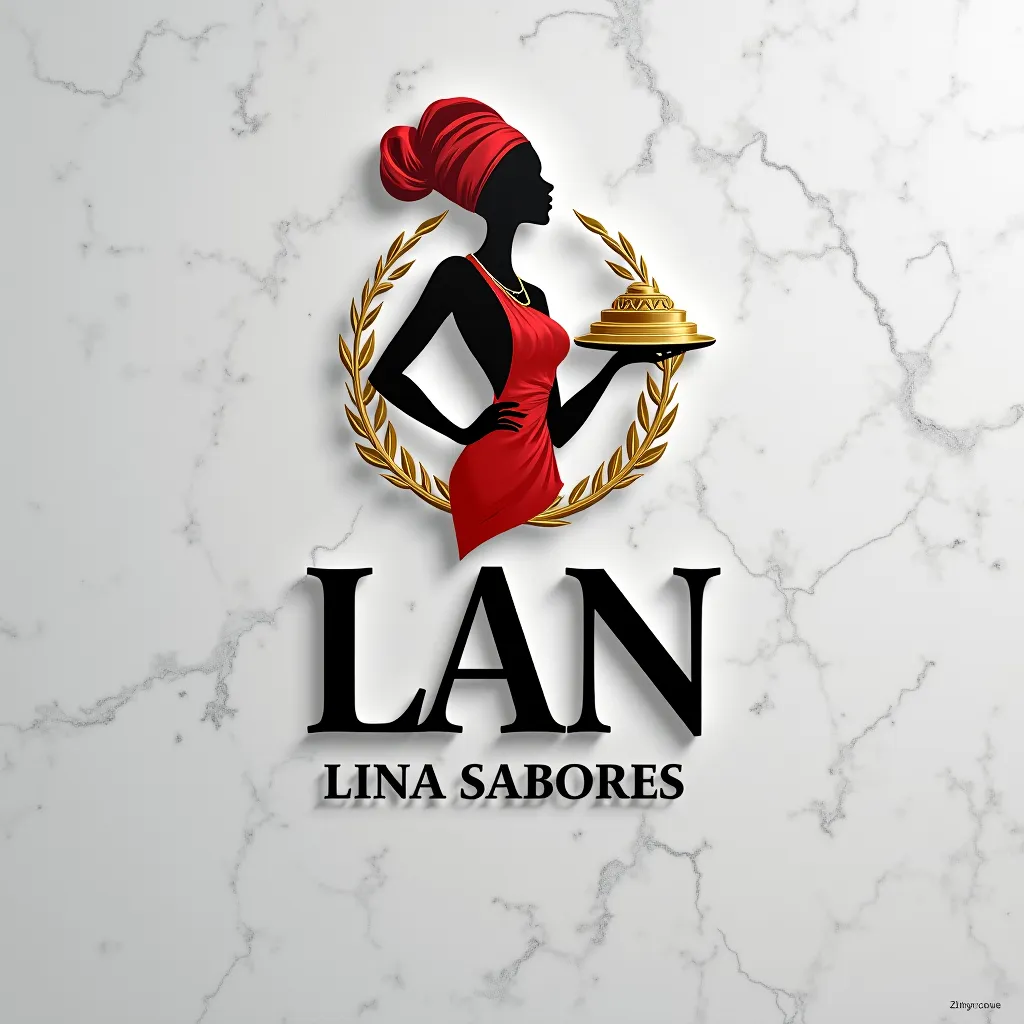 A professional 2d logo design on a gray wall. The logo features the name 'LAN' Lina Sabores' letras cor brow brilho de vidro vivid  an elegant dark brow font. Above the text is a dark brow vivid silhouette of a women Afroamerican professional holding a Dis...