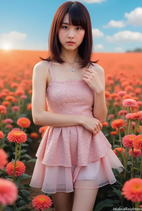 Create a portrait of a stunning Japanese idol wearing a cute mini dress, striking a pose. She has semi-long hair, a slender figure, small breasts, and thin legs. The background features a vast flower field bursting with vibrant colors, illuminated with cin...