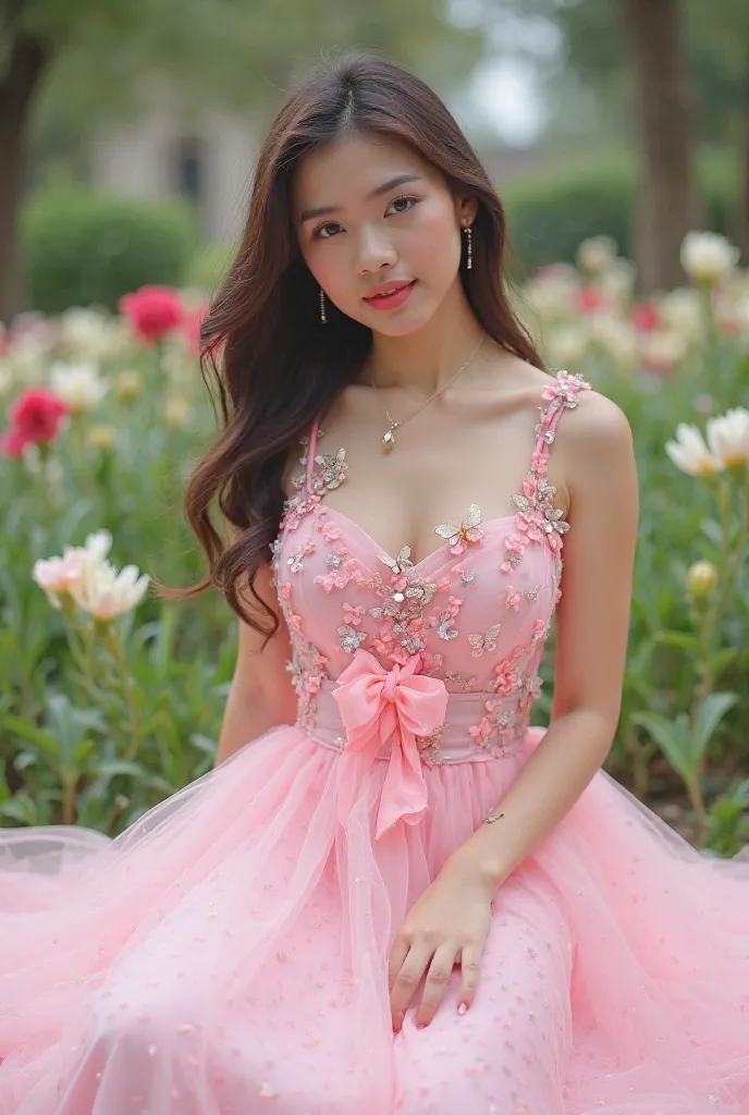 A bueatiful filipina female wearing a baby pink  long sexy dress with pink and white mini butterflies design and big ribon style on front of dress while setting on the floor the background is in the flower garden on the park