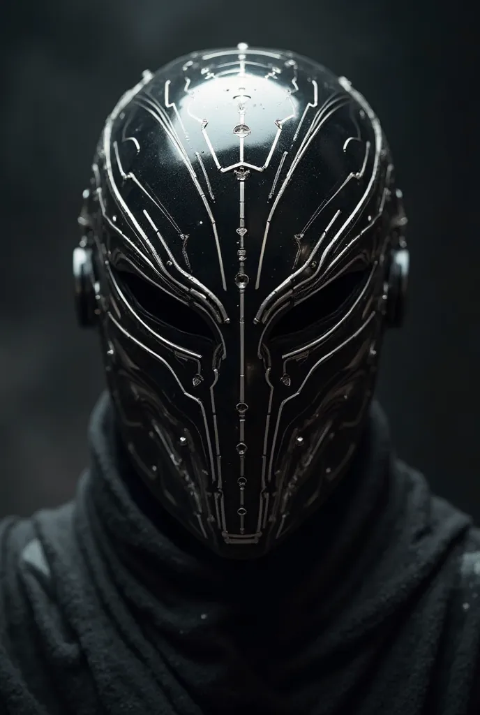 An intimidating-looking black mask, with stylized white details that create a striking contrast.  The design is sophisticated , with sharp and symmetrical features, reminding something between a futuristic war suit and a mysterious ceremonial mask. The fin...