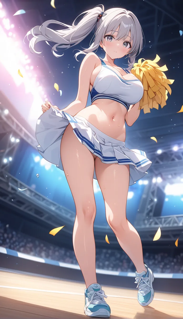 （side ponytail hair:1.1） Shiny Skin,Delicate Description,Depiction of light,The feel of wet skin 、 white dress  ,Sweat droplets、髪の毛の非常にDelicate Description 、 stage、is standing、cheerleader with radiant skin , miniskirt , pleated skirt on indoor floor , belo...