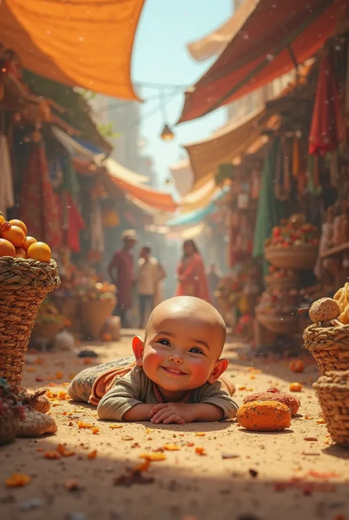 Little bald boy lying around in the market 