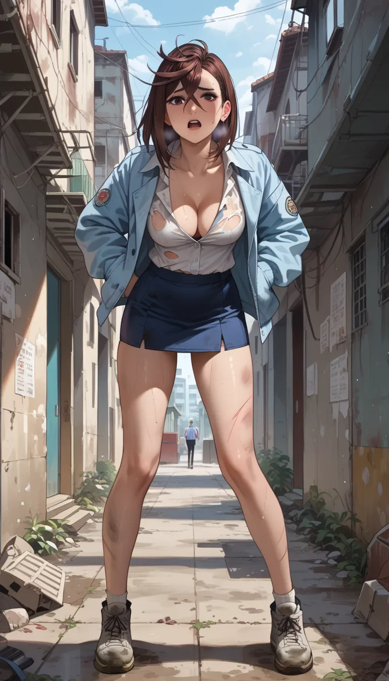 rape, Ayase Momo in a dirty and torn light blue business suit standing full-length in an abandoned city block, light blue jacket and short skirt are dirty and torn, dirty white shirt under the jacket, cleavage, dirty skin with scratches, bare dirty feet, m...