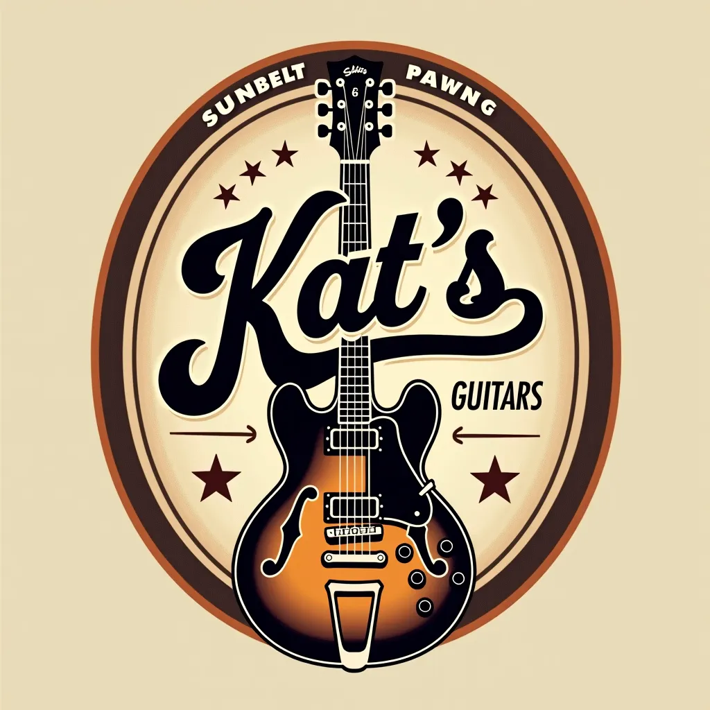 "Vintage retro-style logo for a guitar shop named 'Kat's Guitars' with a circular emblem. The design features a classic electric guitar positioned vertically at the center, with a bold, cursive script for the shop name wrapping across the guitar. The backg...