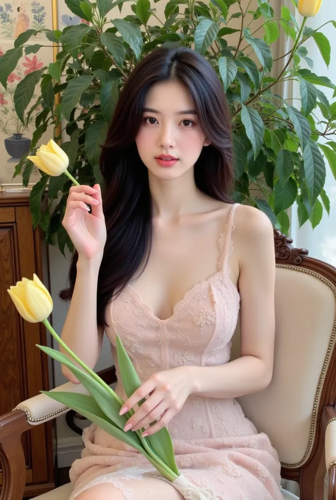 a woman sitting on a chair with elegant style. She wore a light pink lace dress and held a light yellow tulip in her hand. The background has many green trees and wall paintings, creating a gentle, sophisticated space. The exterior and interior have a clas...