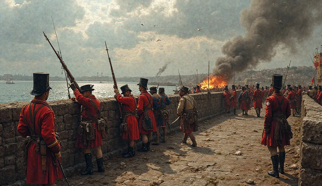 "A realistic and highly detailed scene from 1741, showing British soldiers in their red uniforms and Spanish soldiers in their blue and white uniforms stationed on the fortifications of Cartagena. The British soldiers are armed with rifles and bayonets, an...