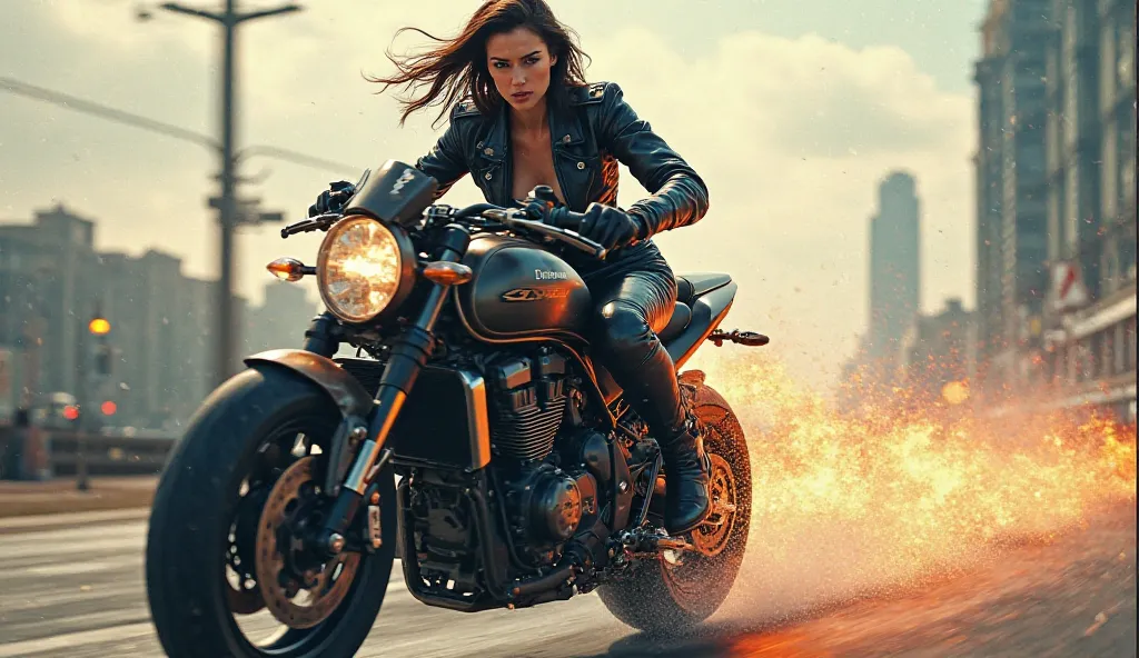 Woman riding motorcycle with  superimposed