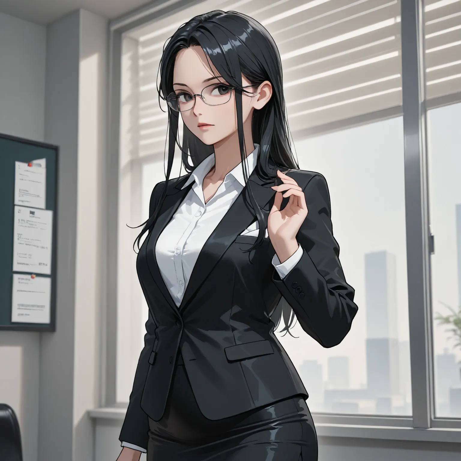 1 girl,  black hair,  long hair,  long hair , white shirt, H Line Black Skirt, secretary, black suit, perfect body, glasses without lenses