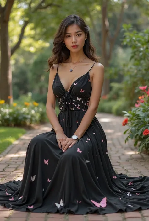 A bueatiful filipina female medium large body frame wearing a black   long sexy dress with pink and white mini butterflies design and big ribon style on front of dress while setting on the floor the background is in the flower garden on the park