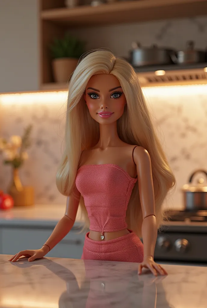 Ultra realistic 8K UHD image prompt:  

"A stunningly detailed Barbie doll takes a glamorous selfie in a luxurious, modern kitchen. The scene is filled with ultra-realistic textures, from the sleek marble countertops to the stainless steel appliances gleam...