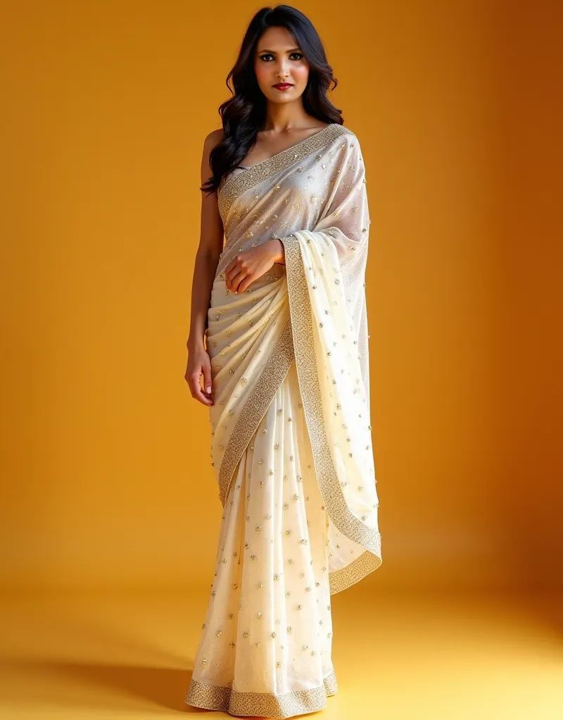 Generate a hyper-realistic full-body image of a beautiful Indian woman with a slim physique, featuring a breast size of 38D.She is wearing a Off White Sequins Georgette Saree , that sparkles under the light, enhancing her attractiveness.Ensure the saree dr...