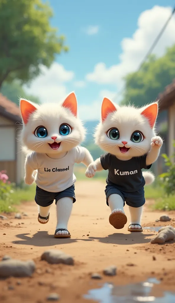 A very adorable anthropomorphic cat character with soft white fur and big blue eyes, wearing a white shirt with Lie Channel written on it, wearing cute black shorts and flip-flops. The cat is chasing a very adorable anthropomorphic cat character with white...