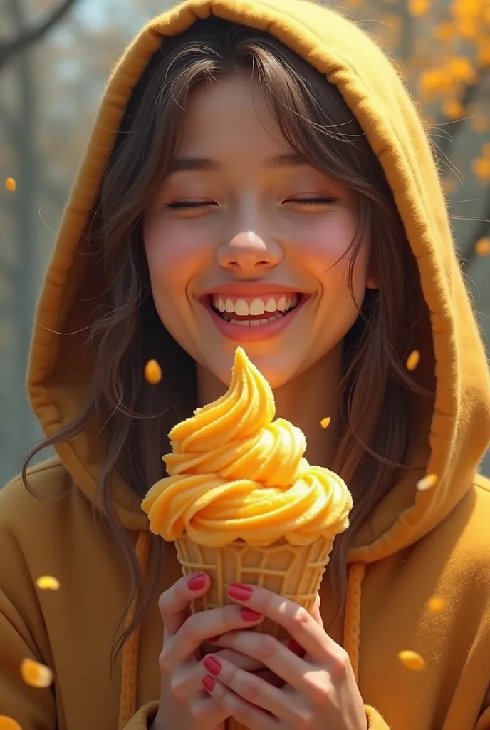 Make me a picture of a woman holding a cheese cone in a state of great joy . The woman is wearing a hood