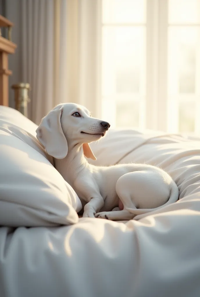 white dachshund 、 sleeping on the bed、He is facing up with his chin on a high handrail、