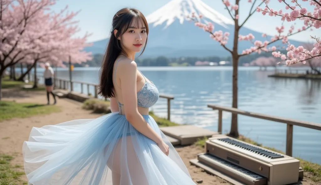 50mm lens，High Angle，Ultra HD，High image quality。一位20岁的Japan  美女專注在彈鋼琴,。 slender calves , Clear cleavage long hair ，Five slender full fingers,Wearing a transparent sky blue tulle high-cut long skirt，The skirt dances softly with the wind ， background is： Mo...