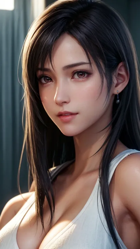 dressed, (Tifa),(photo realistic:1.4), (hyper realistic:1.4), (realistic:1.3),
(smoother lighting:1.05), (Improve the quality of cinematic lighting:0.9), 32K,
1 girl,20 year old girl, realistic lighting, Backlight, light shines on your face, ray tracing, (...