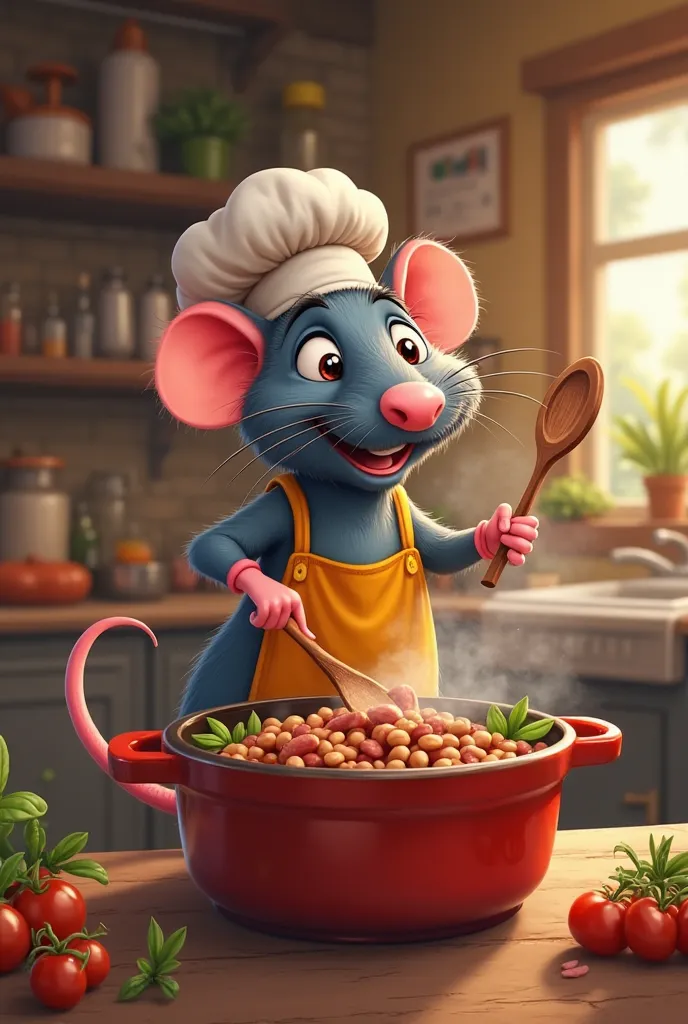 Image of an extremely cute and funny realistic rat, wearing a colorful apron and a chef's hat, standing in the kitchen stirring a large pot of feijoada. She is smiling, with a relaxed and happy expression, while holding a wooden spoon. The pot is smolderin...