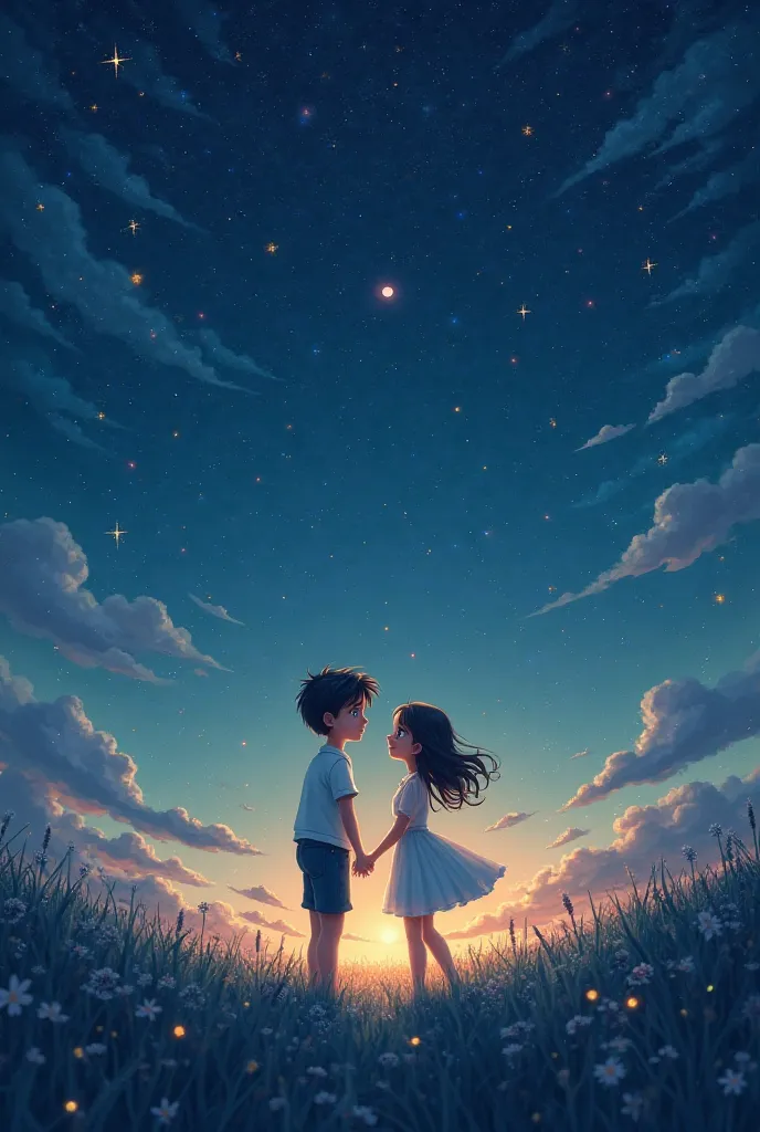 A young dreamy couple in night open sky animated style