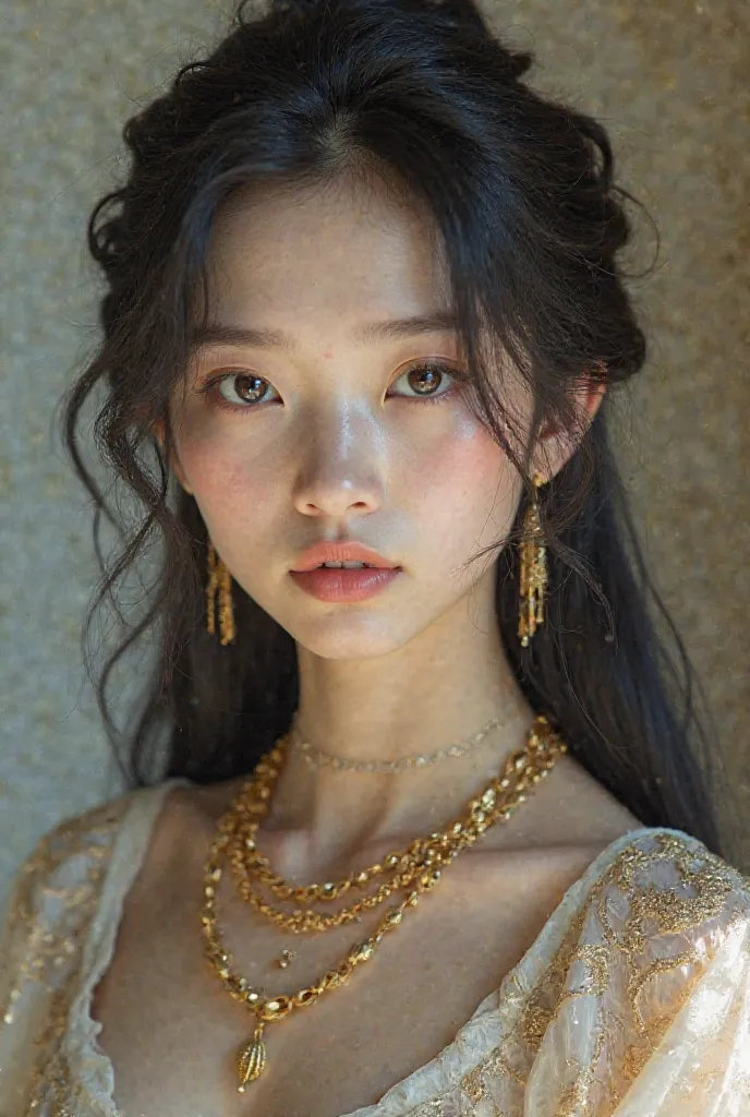 A girl with a pronounced Asian appearance in her hair,  makeup with snow-white skin , with silky black hair tucked into her hair. She is heroin from a science fiction book, she is a goddess. She is gentle and calm, not warlike. She is a goddess and does no...