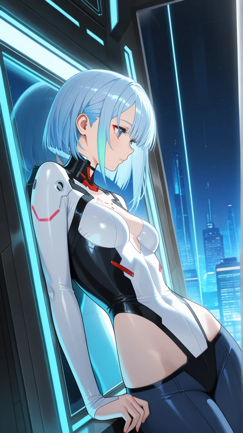 Masterpiece, Best Quality, Top Quality, Very Detailed, A melancholic young woman with long, flowing silver-blue hair, leaning against an android companion in a dimly lit futuristic room. She wears a sleek, form-fitting white and black sci-fi suit adorned w...