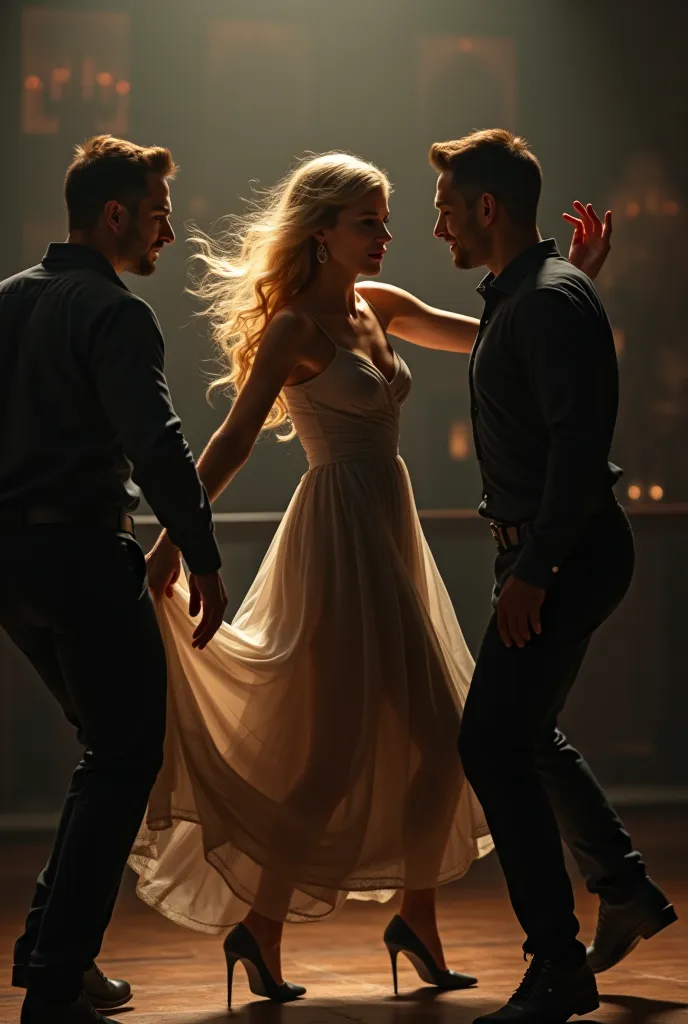 Cinematic frame of a blonde woman dancing with two men