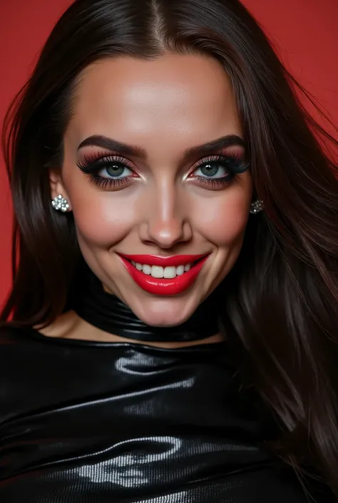 outrageously long and voluminous lash extensions., laughs a lot, Latex suit, diamond ear earrings, black hair, black lips, bright red makeup