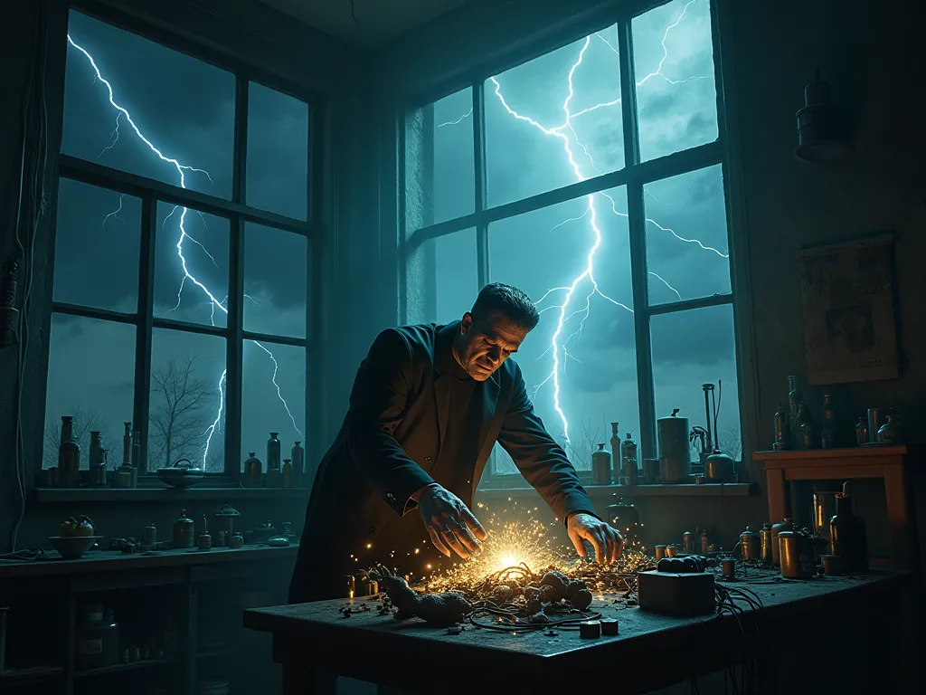  A violent storm brewing in the sky as lightning flashes and thunder rumbles. The laboratory windows are rattling, and inside, Victor Frankenstein is working desperately on his creation, surrounded by equipment sparking with energy.