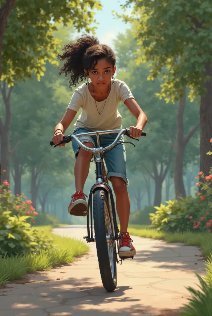 on a lone road, neighbourhood park in background, aliyah is on her bicycle. she is half seated on her bicycle, trying to balance, one foot on the pedal, the other on the floor.