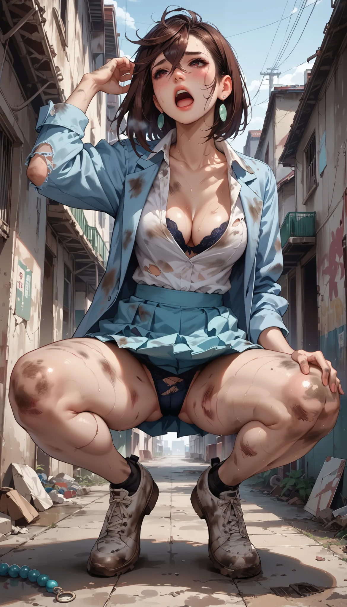 rape, Ayase Momo in a dirty and torn light blue business suit standing full-length in an abandoned city block, light blue jacket and short skirt are dirty and torn, dirty white shirt under the jacket, cleavage, dirty skin with scratches, bare dirty feet, m...