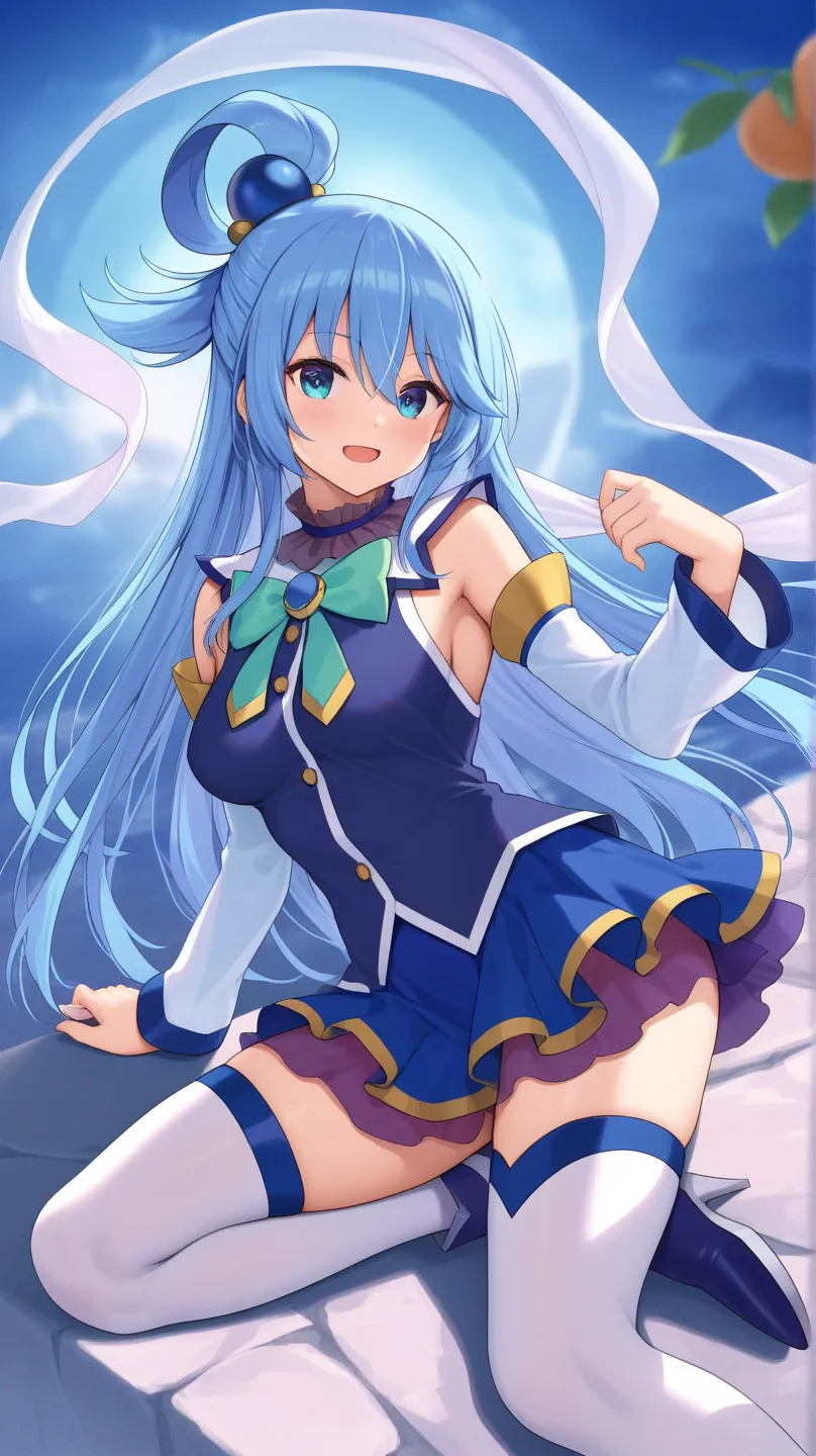 aqua (konosuba) blue eyes, blue dress, blue skirt, turquoise ribbon, sleeveless, White long sleeves,
