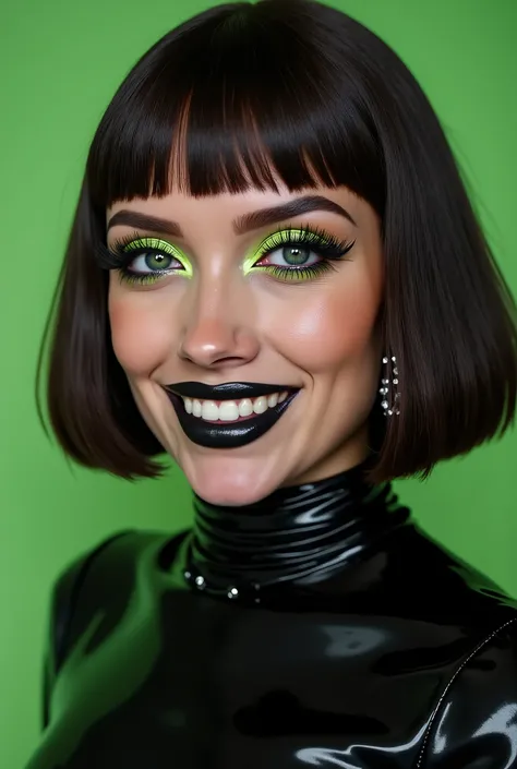 outrageously long and voluminous lash extensions., laughs a lot, Latex suit, diamond ear earrings, black hair,  bob hairstyle, black lips, bright green makeup