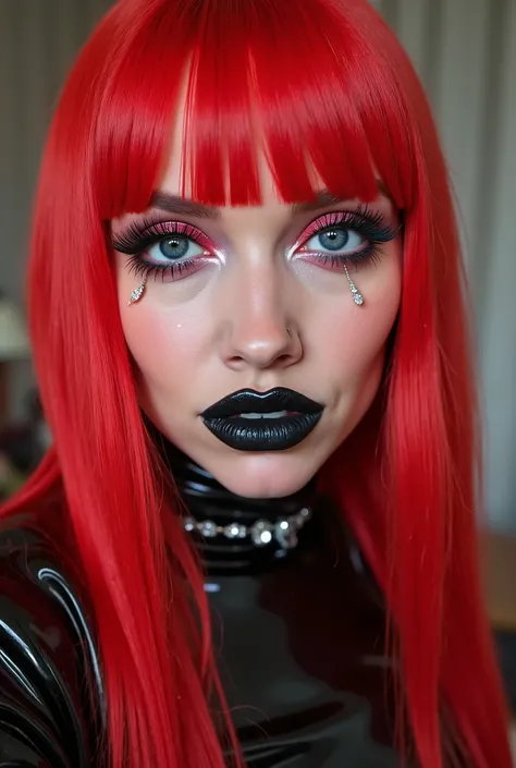 outrageously long and voluminous lash extensions., laughs a lot, Latex suit, diamond ear earrings,  bright red hair, black lips, bright red makeup, non-natural makeup,  Very bright makeup 