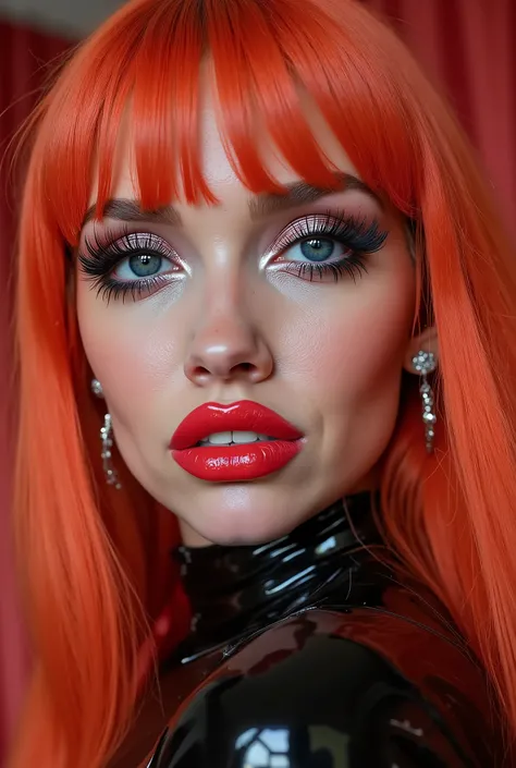 outrageously long and voluminous lash extensions., laughs a lot, Latex suit, diamond ear earrings,  bright red hair, black lips, bright red makeup, non-natural makeup,  Very bright makeup 