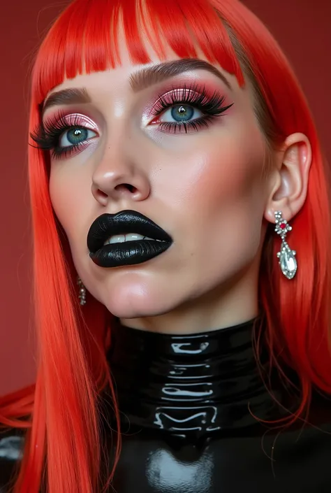 outrageously long and voluminous lash extensions., laughs a lot, Latex suit, diamond ear earrings,  bright red hair, black lips, bright red makeup, non-natural makeup,  Very bright makeup 