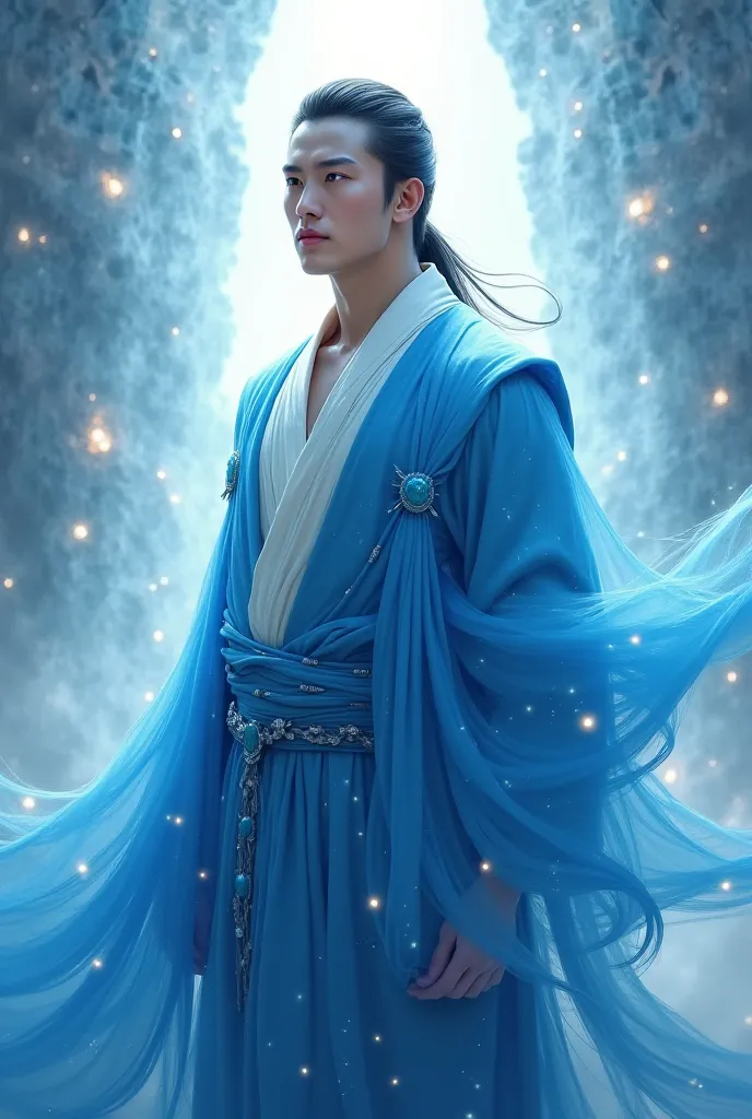 A handsome Asian-looking guy, looks strict, but very caring. He is a god of light. He is dressed in expensive blue clothes and his hair is in a ponytail.