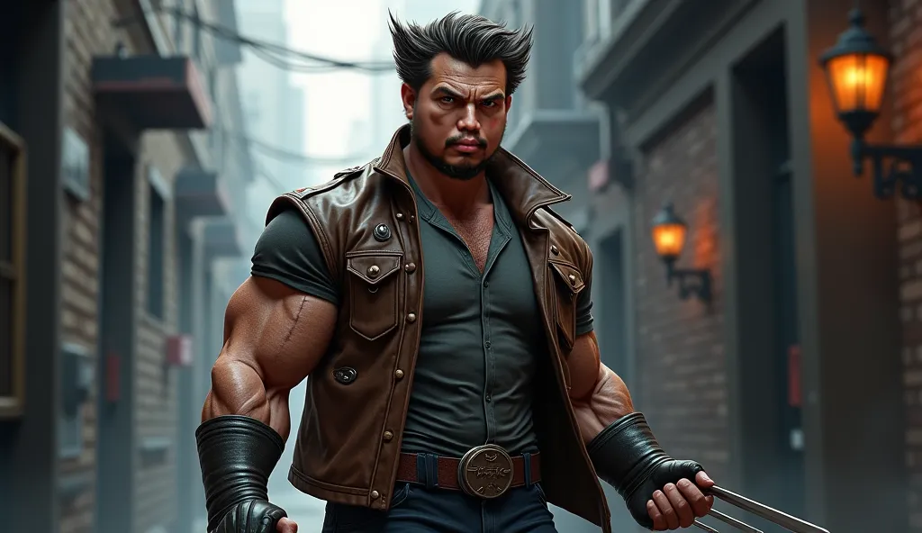 Create a highly realistic digital painting of Wolverine from X-Men, but with a shorter and slightly chubby, stocky build. He should have a rugged, intense expression with piercing eyes, a thick beard, and wild, unkempt hair. His muscular arms should be sli...