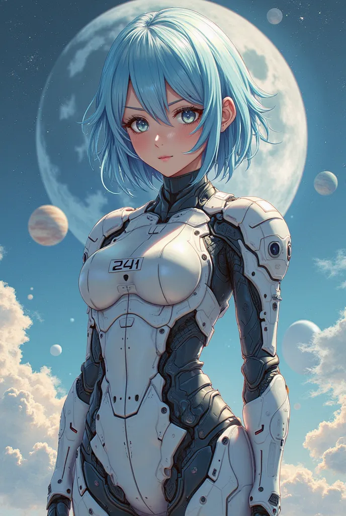 make me a realistic drawing of a girl with light blue hair, wearing a robot suit, on the suit there is the number "241", with the background of the moon and several planets, on the surface there is the writing "Mr. Alu"