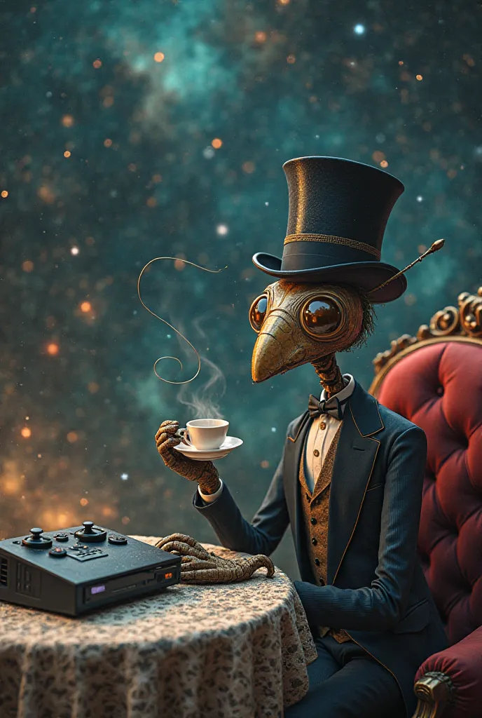 Gentleman stickbug with a tophat and monocle sipping tea au a table playing video games in a galaxy