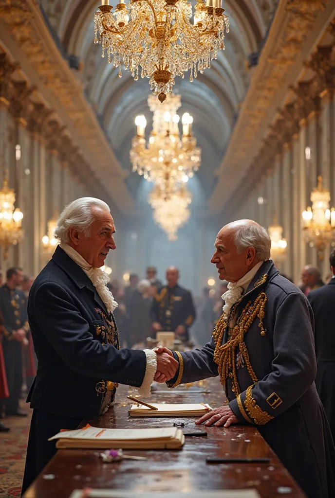 Créer le traité de Versailles qui confirme l'unité allemande qui a lieu dans la galerie des glaces de Versailles, on doit y voir des diplomate allemand et français de l'époque (1871), les français subissent une humiliation allemande 