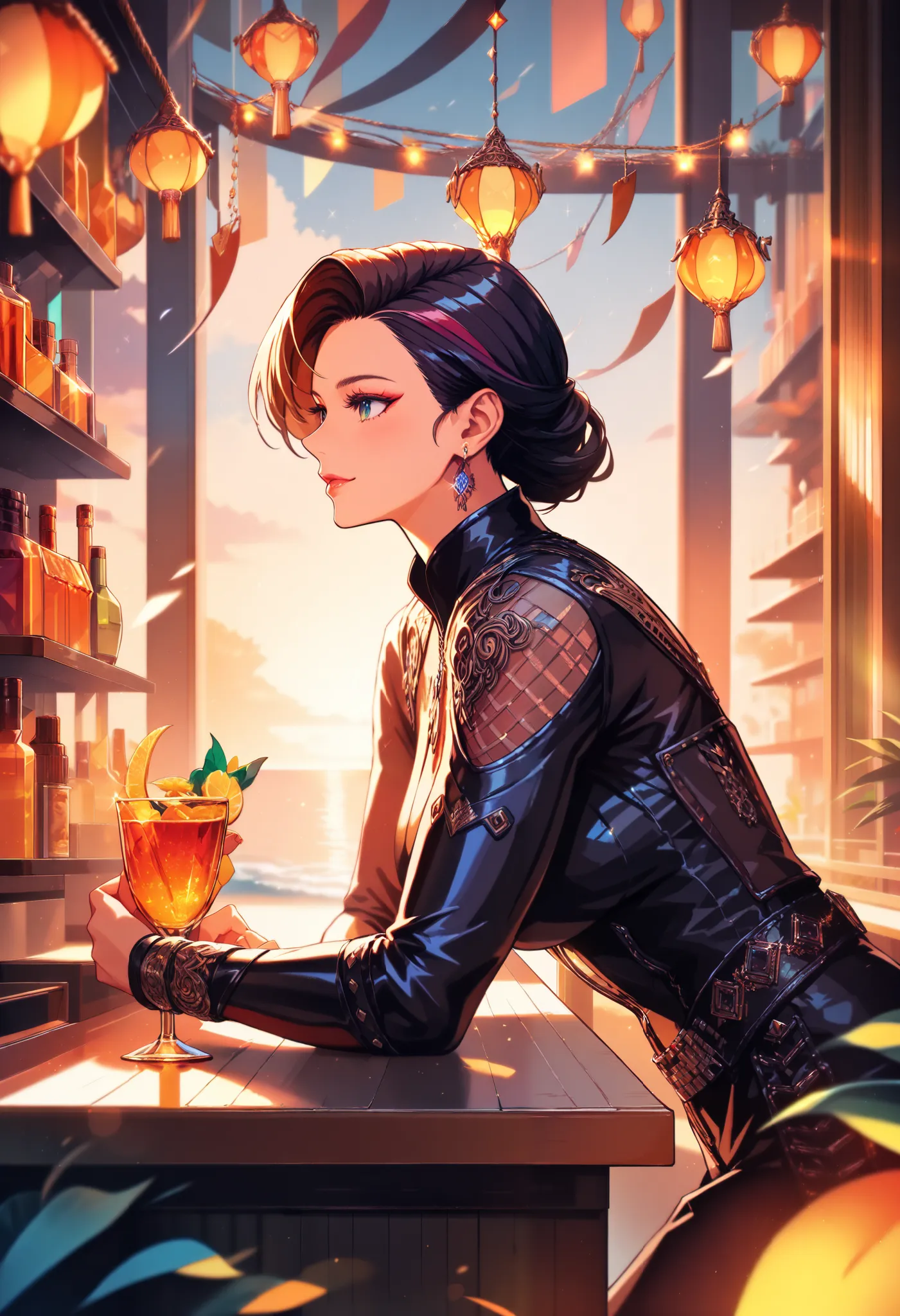 beautiful colors,  rich colors, girl, sexy, Charming , Beautiful Leather outfit, decorations, gorgeous anatomy, beach, evening, beautiful lights , Open bar counter, Beautiful warrior dad jewelry, ( Masterpiece , 8 k, best quality), complex details, high qu...