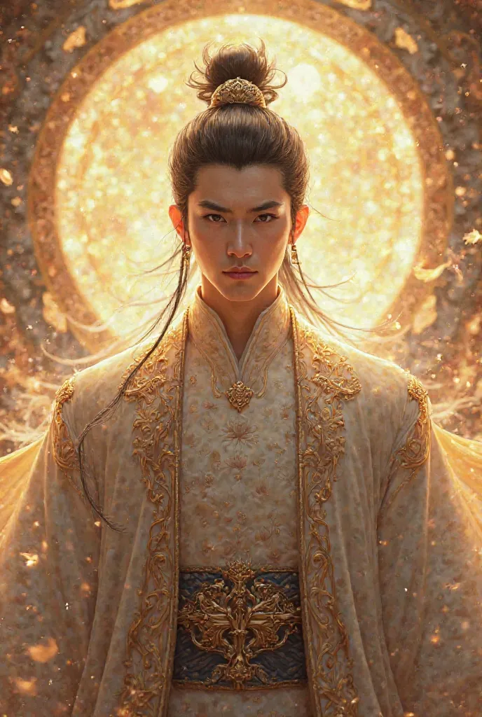 A handsome Asian-looking guy, looks strict. He is a god of light. He is dressed in expensive clothes and has beautiful, silky hair wrapped in a hairstyle.