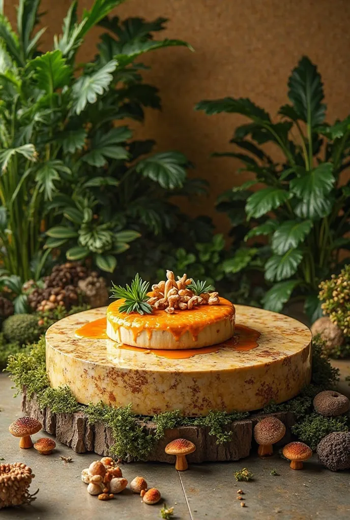 A circular base in golden marble color suitable for displaying a food product. There are green plants on the floor and some mushrooms scattered on the floor.